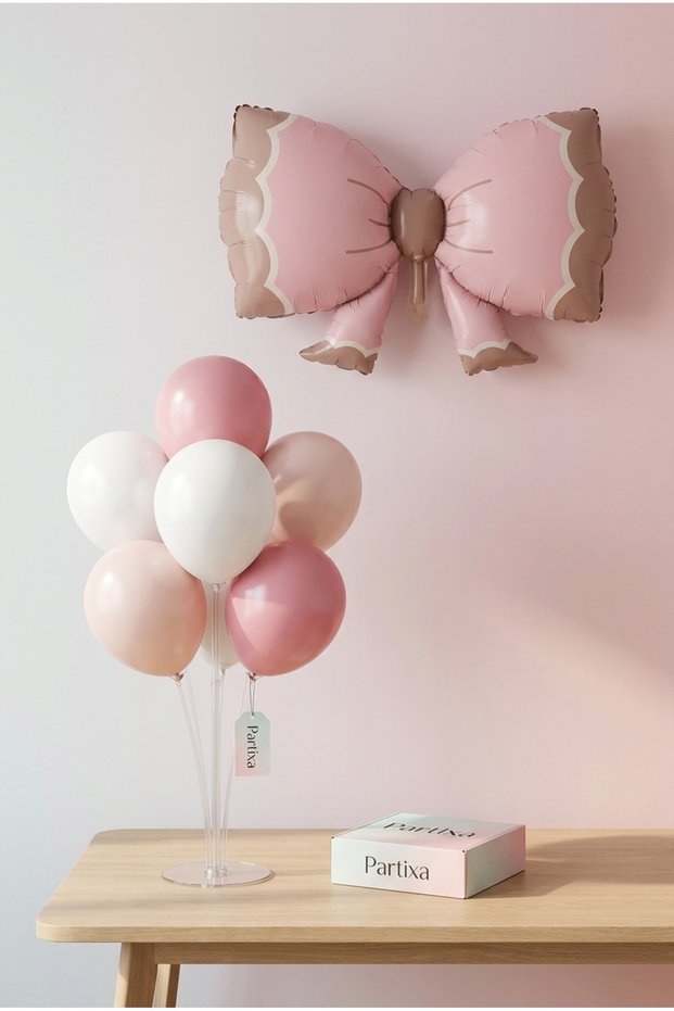 Retro Pink Bow Balloon Stand Set | Transparent 7-Piece Stand + Retro Pink Bow Foil Balloon 91×60 cm + 7 Latex Balloons