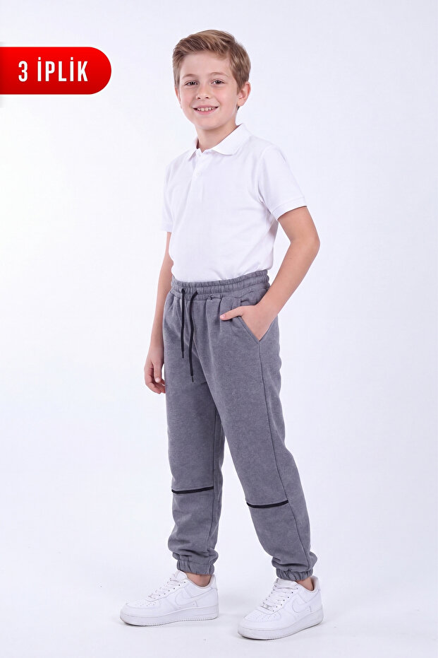 Boys' 3-Thread Stripe Knee Detailed Double Pocket Lace-Up Sweatpants