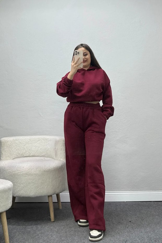 Women's 3 Threaded Threaded Sweatpants Set Burgundy