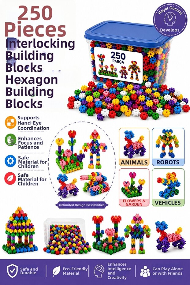 250 Pieces Interlocking Building Blocks Hexagonal Building Blocks Educational Stem Toy Set Ofb-Blk-01