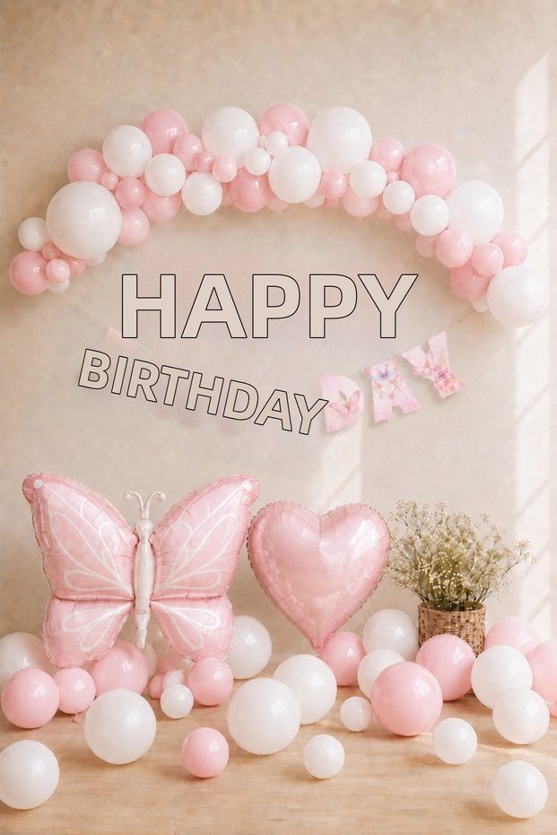 Butterfly Birthday Balloon Decoration Set Pink White Happy Birthday Banner Foil Balloon