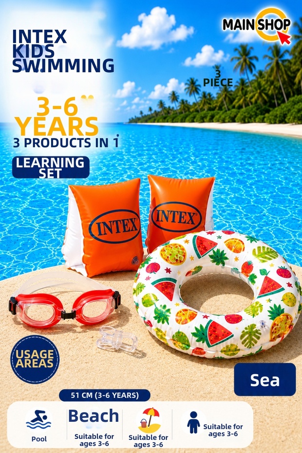 Intex 3-Piece Children's Sea Pool Set - Cute Patterned Swimming Ring, Armbands, and Swimming Goggles 3-6 Years Old M-59230-3Set