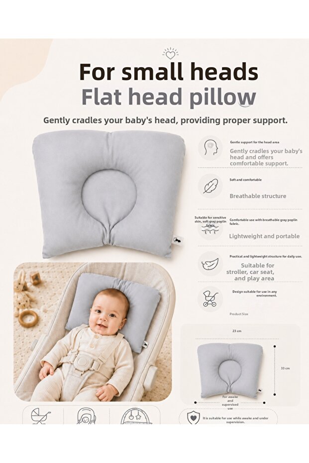 Baby Flat Head Pillow Newborn Head Support Cushion 33X23 cm