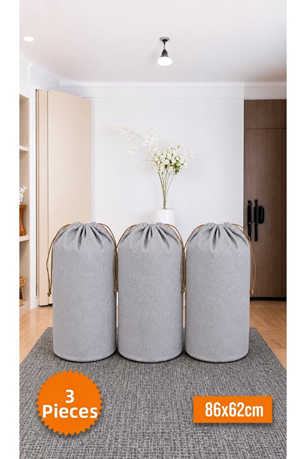 3 Pieces Gray Drawstring Storage Bag Xlarge 86X62 cm - Moving Bag - Quilt Pillow Laundry Storage Bag