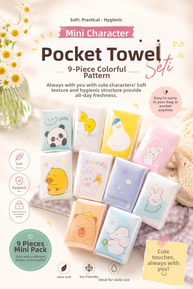 9 Pack Mini Character Pocket Tissue Set Colorful Patterned Soft Hygienic
