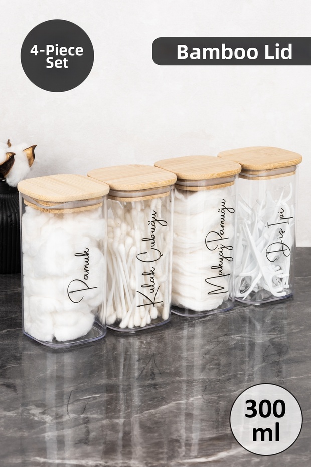 4-Piece Makeup Cotton Pads - Cotton - Ear Swabs - Floss Labeled Bamboo Lid Transparent Mica Jar Cotton Box Set Bathroom Organizer 300 ml