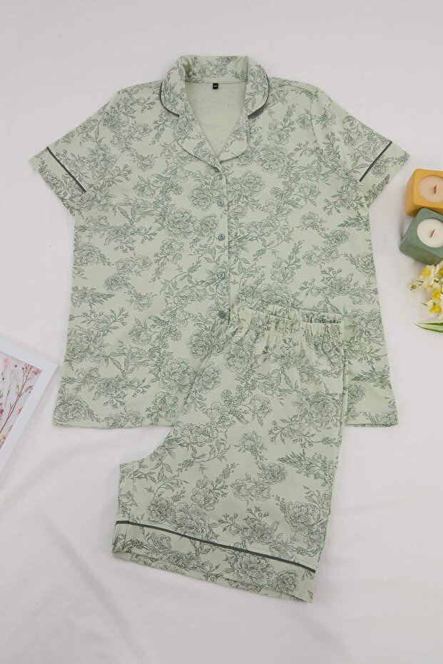 Yeşil Dantel Detaylı Örme Büyük Beden Pijama Takımı TBBSS26AI00078 - 3