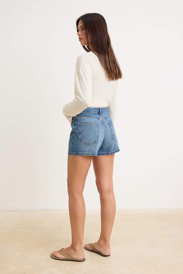 Koyu Mavi Yüksek Bel %100 Pamuk Denim City Şort TWOSS26SR00050 - 4