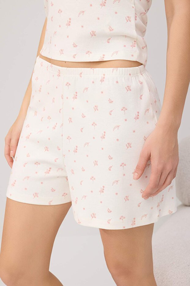 Ekru %100 Pamuklu Çiçekli Fitilli Atlet Örme Pijama Takımı THMSS26PT00203 - 3