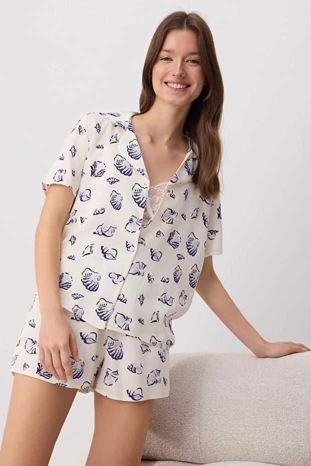 Lacivert Deniz Kabuğu Desenli Viskon Dokuma Pijama Takımı THMSS26PT00214 - 2