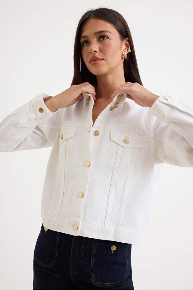 Beyaz Çıkarılabilir Pelerinli Denim Panço Ceket TWOAW26CE00001 - 2
