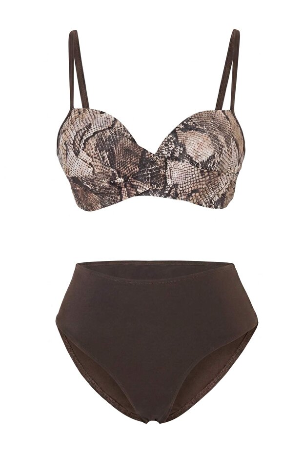 Yılan Desenli Balconette Kaplı Regular Yüksek Bel Bikini Takımı TBESS25BT00124 - 5