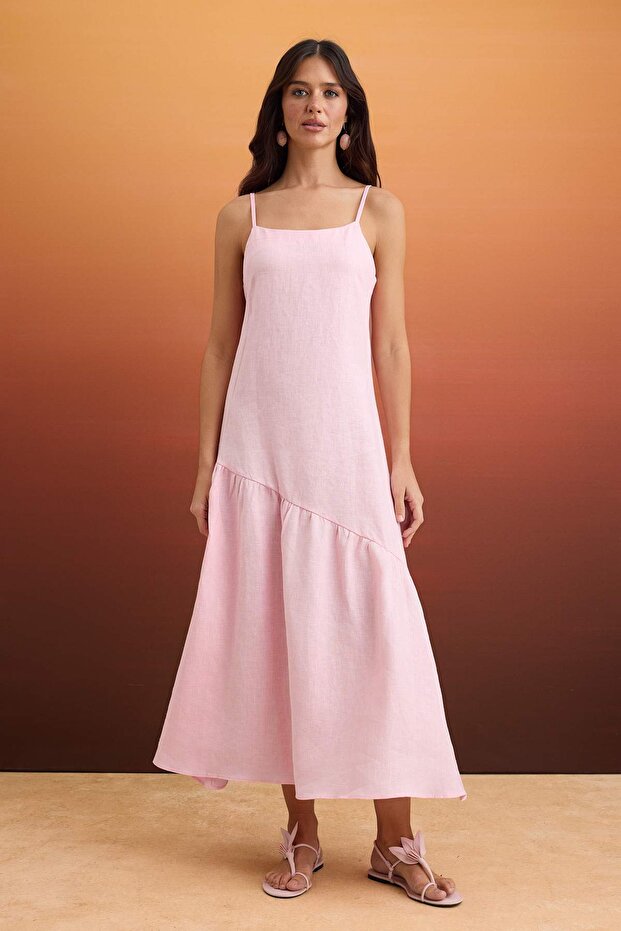 Pembe %100 Keten Askılı Maxi Dokuma Elbise TWOSS26EL00588 - 1