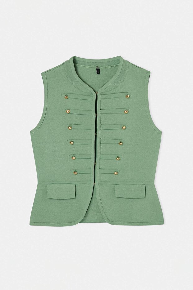 Yeşil Fitted/Vücudu Saran Düğme Detaylı Triko Yelek TWOSS26YE00071 - 4