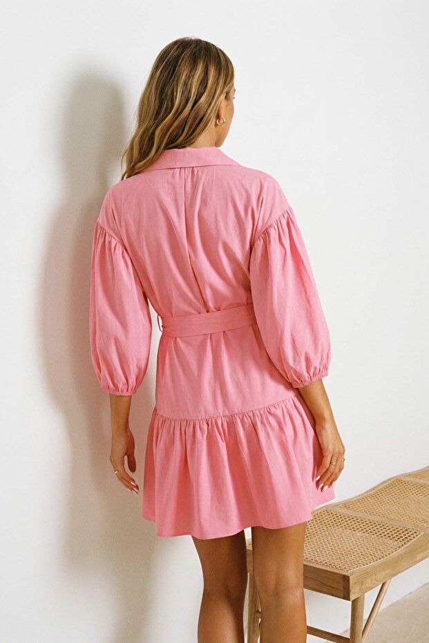 Pembe Dokuma Kuşaklı %100 Pamuk Plaj Mini Elbise TBESS25EL00034 - 3