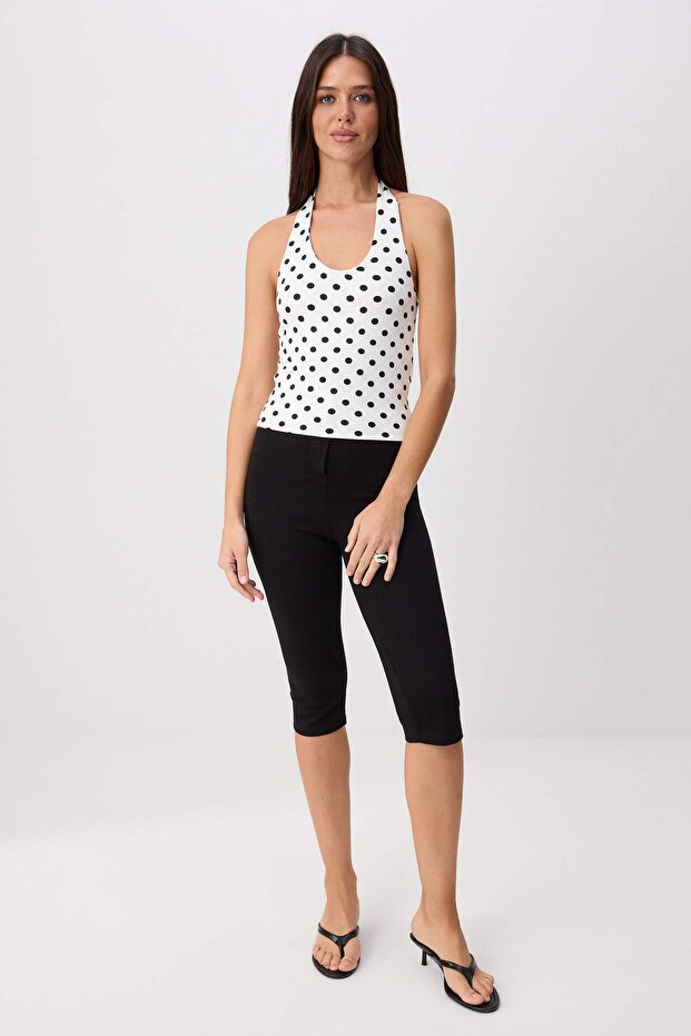 Ekru Puantiyeli Fitted/Vücuda Oturan Halter Yaka Kolsuz Crop/Kısa Esnek Örme Bluz TWOSS26BZ00929 - 2