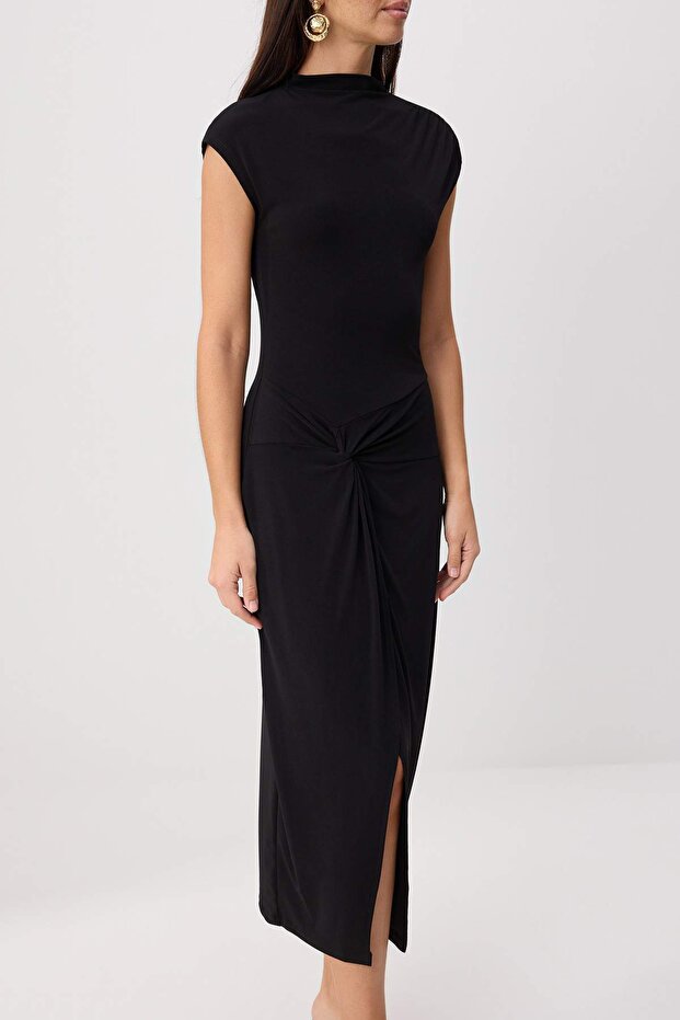 Siyah Düz Bodycon Bisiklet Yaka Standart Kol Kısa Midi Esnek Örme Elbise TWOSS26EL00661 - 3
