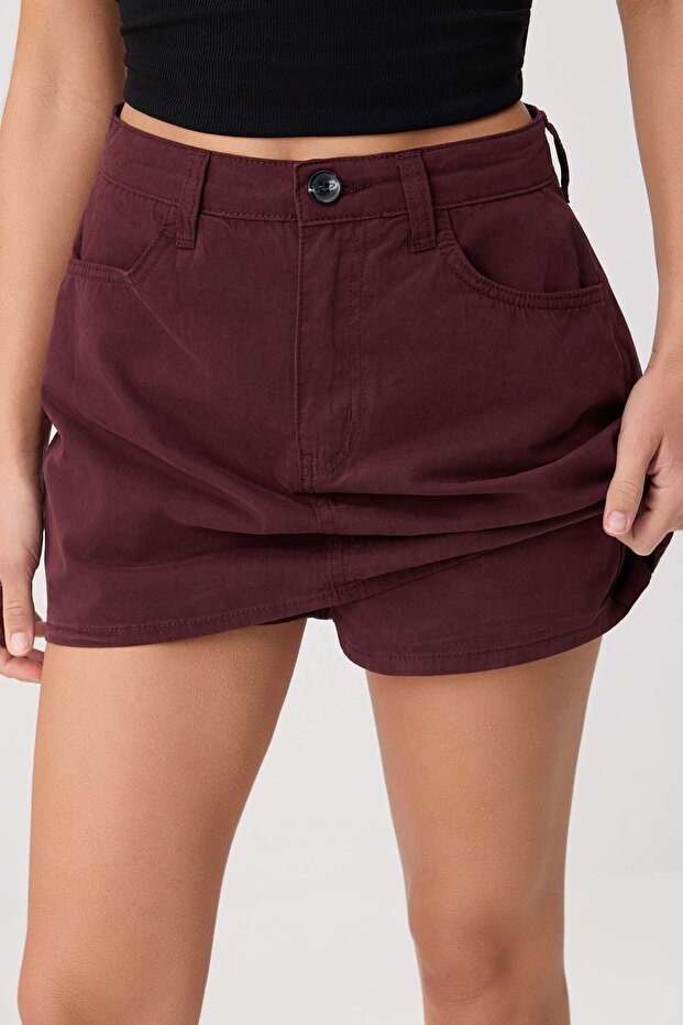 Bordo İçi Şortlu Tok Kumaş Yumuşak Tuşeli Mini Etek TWOSS26ET00217 - 1