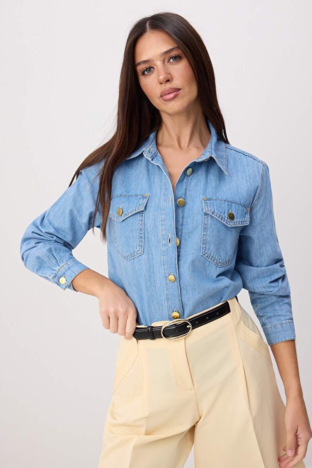 Mavi Düğme Detaylı Basic 100% Pamuk Denim Gömlek TWOSS26GO00004 - 1