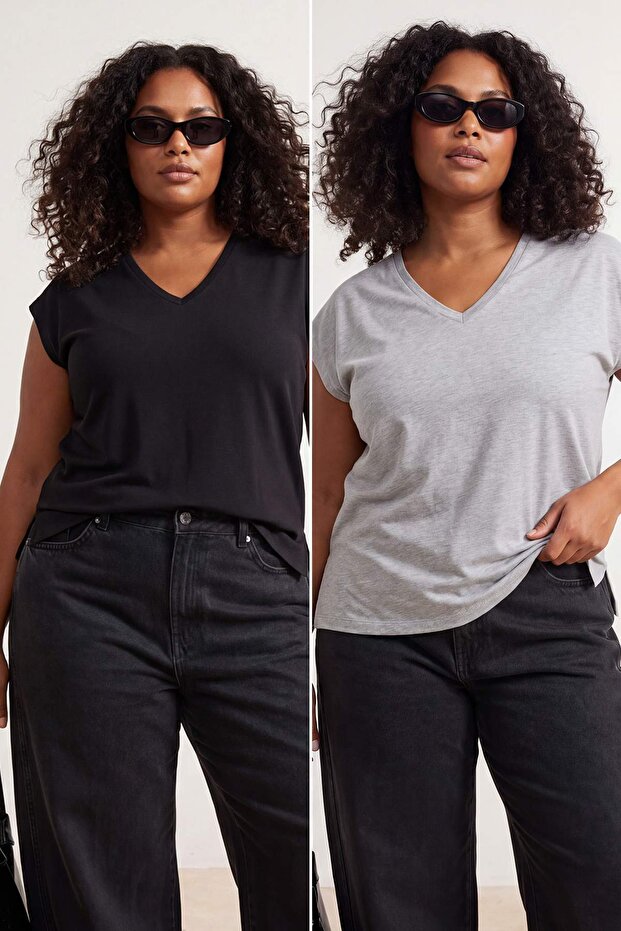 Siyah-Gri 2'li Paket Oversize Fit Basic Büyük Beden T-shirt TBBSS26BF00030 - 1