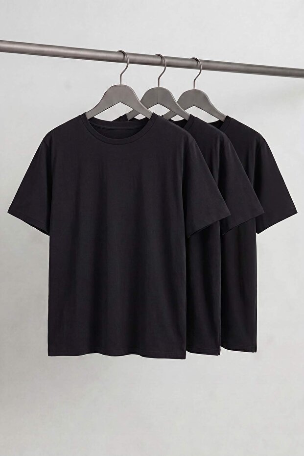Siyah Regular/Rahat Kesim 3lü Paket Büyük Beden T-Shirt TMNSS24BF00059 - 5
