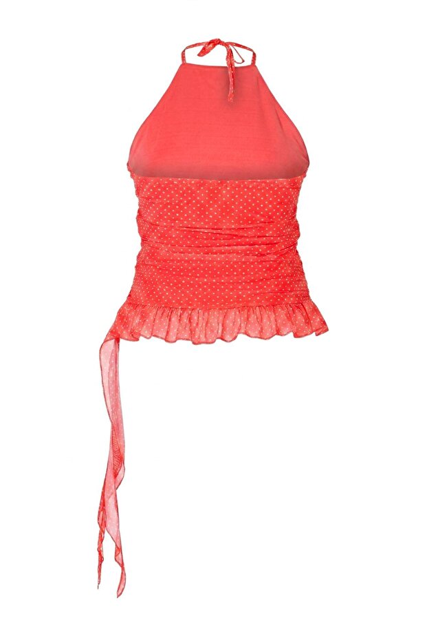 Kırmızı Astarlı Fırfır Detaylı Tül Örme Büyük Beden Bluz TBBSS26AF00068 - 6