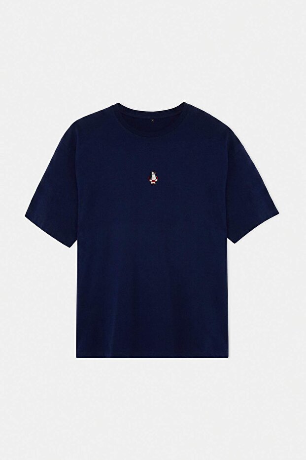 Lacivert Oversize/Geniş Kalıp Penguen Nakışlı Büyük Beden T-Shirt TMNSS24BF00013 - 5