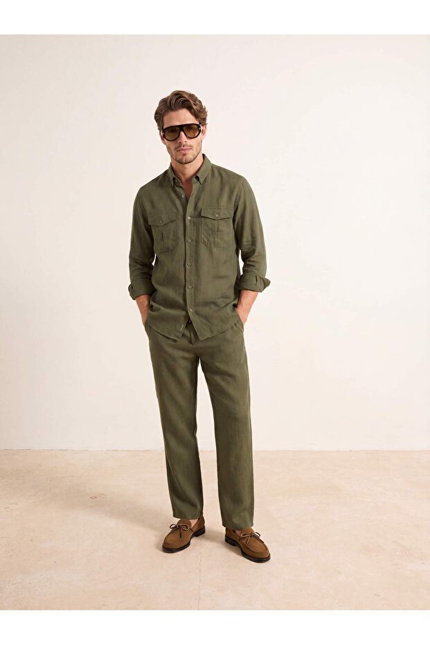 Haki Pamuklu Regular Fit Beli Lastikli Gömlek&Pantolon Alt-Üst Takım TMNSS26AU00001 - 3