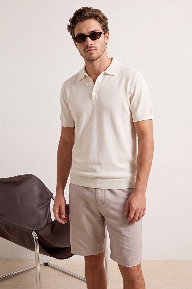 Ecru Regular/Normal Cut Special Yarn Premium Basic Knitwear Polo Neck T-Shirt Tmnss26Po00044