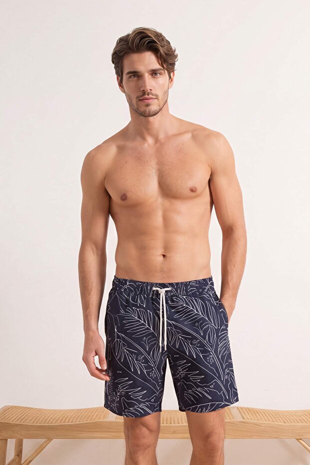 Navy Blue Capri Length Leaf Patterned Men's Swim Shorts Tmnss26Ds00008