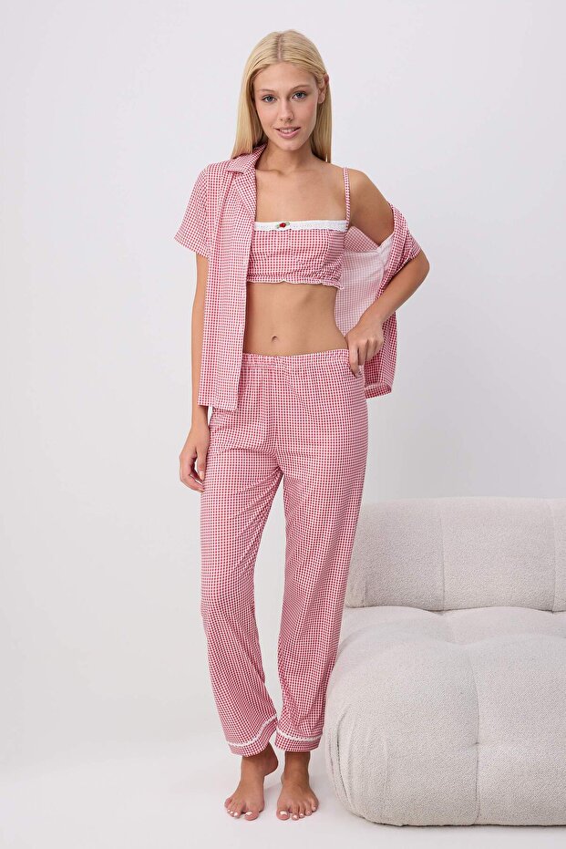 Kırmızı 3'lü Ekoseli Brodeli Şerit Detaylı Örme Pijama Takımı THMSS26PT00062 - 2