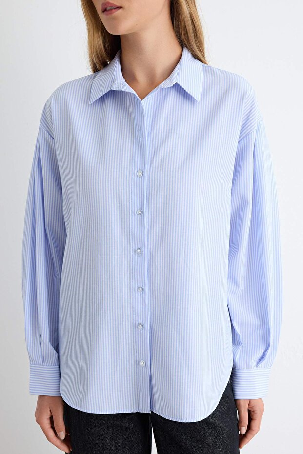 Mavi Çizgili Oversize/Geniş Kalıp Dokuma Gömlek TWOSS23GO00144 - 3