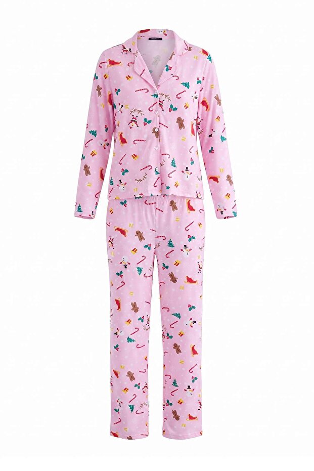 Pink 100% Cotton Christmas Themed Knitted Pajama Set Thmaw22Pt1212