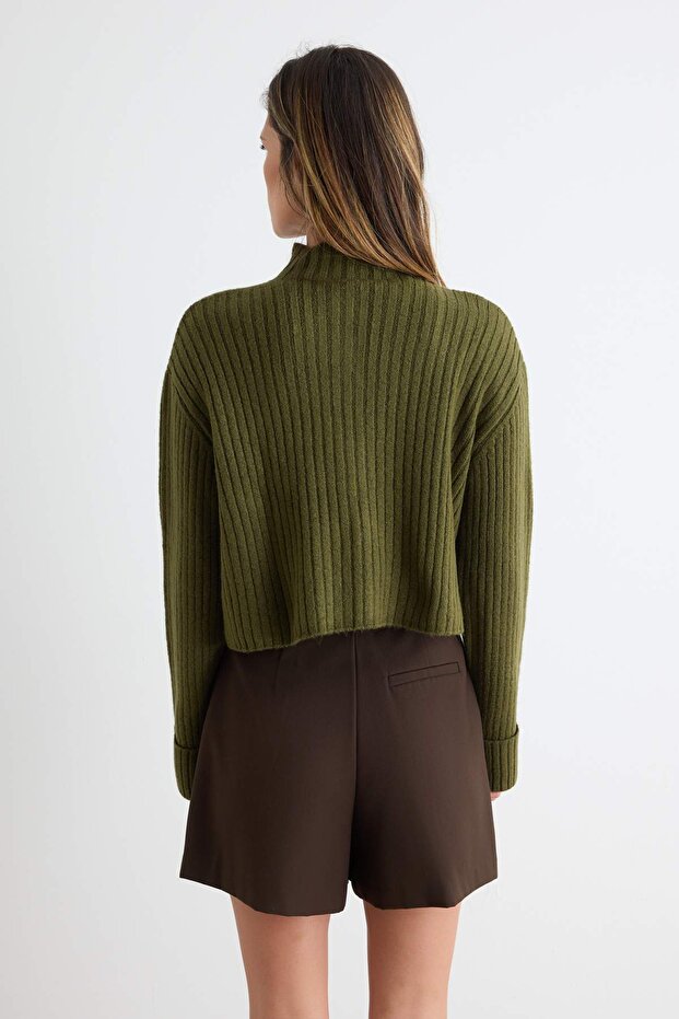 Haki Crop Yumuşak Dokulu Dik Yaka Triko Hırka TWOAW22HI0174 - 4