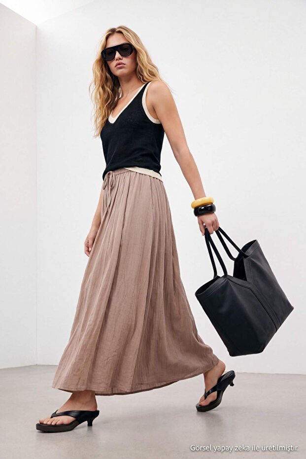 Beige Elastic Waist Adjustable Long Skirt Tdrss26Et00085