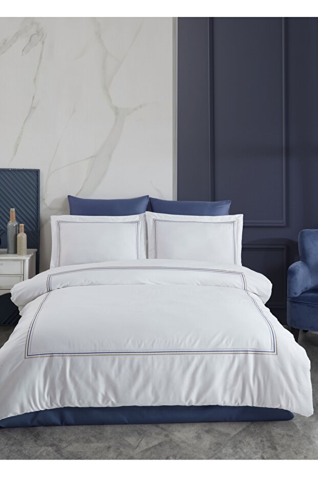 Florentino Embroidered Cotton Satin Duvet Cover Set - White-Navy Blue