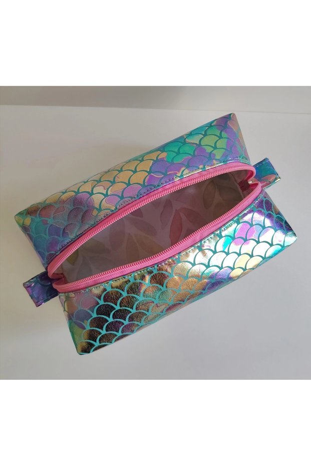 Turquoise Color Holographic Mermaid Sequin Large Size Makeup Bag – Zippered Organizer