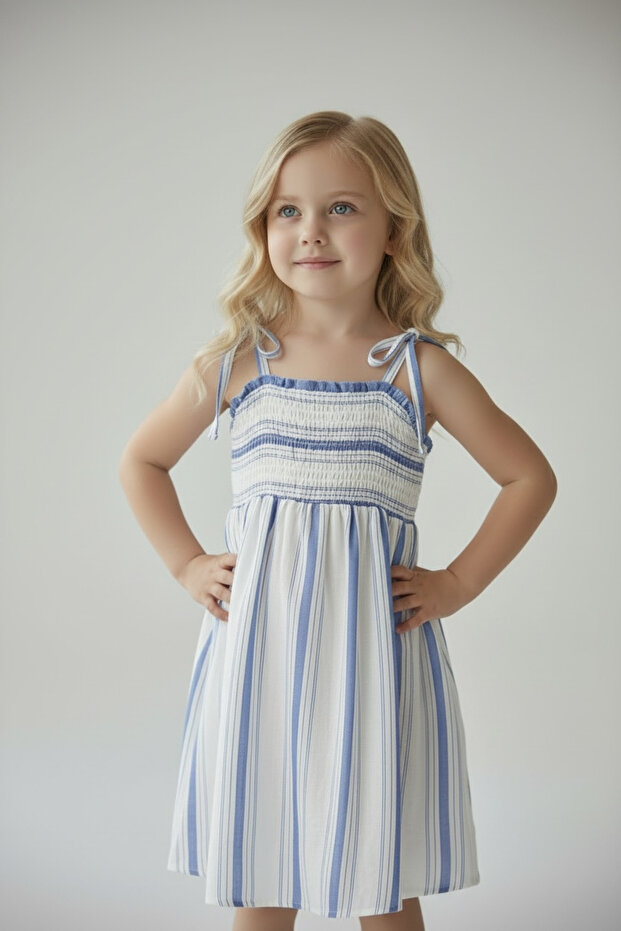 Girl's Blue Striped Dress with Straps 9502