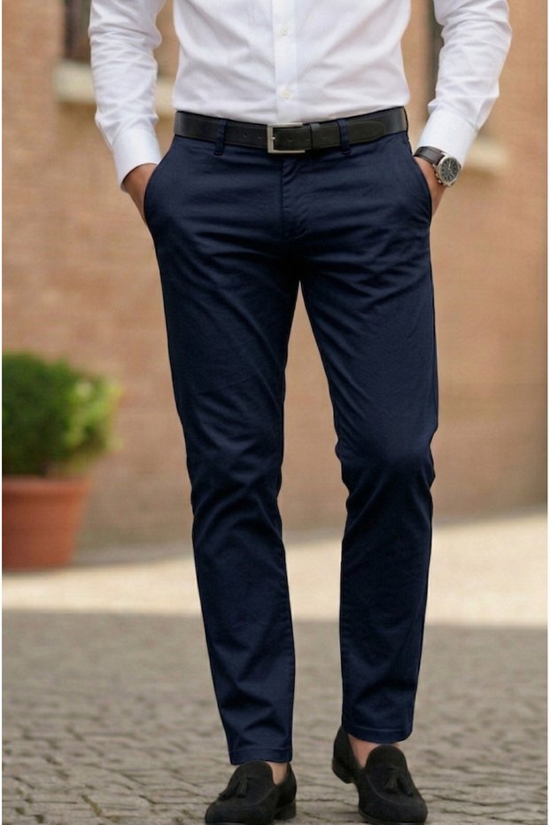 Men's Navy Blue Gabardine Cotton Slim Fit Flexible Office Style Chino Trousers