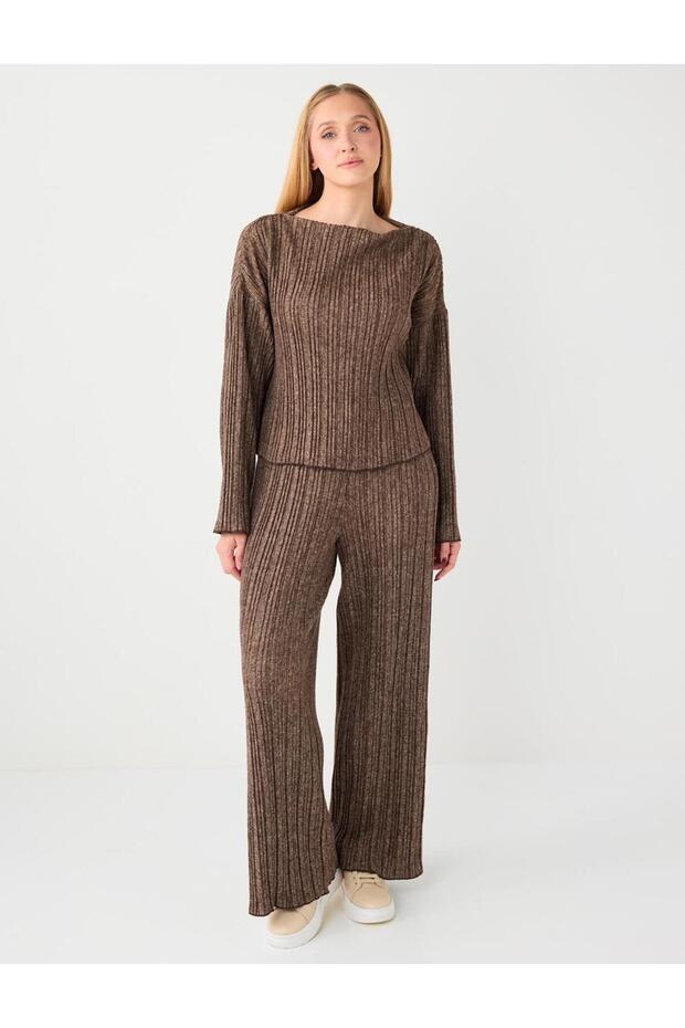 Coffee Melange Regular Waist Wide Leg Pleated Knitted Trousers