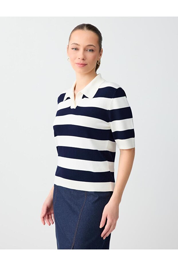 Ecru Shirt Collar Short Sleeve Striped Knitwear Blouse