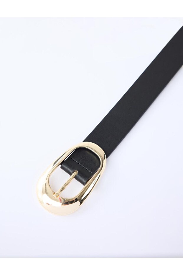 Leather-Look Belt with Black Large Metal Buckle
