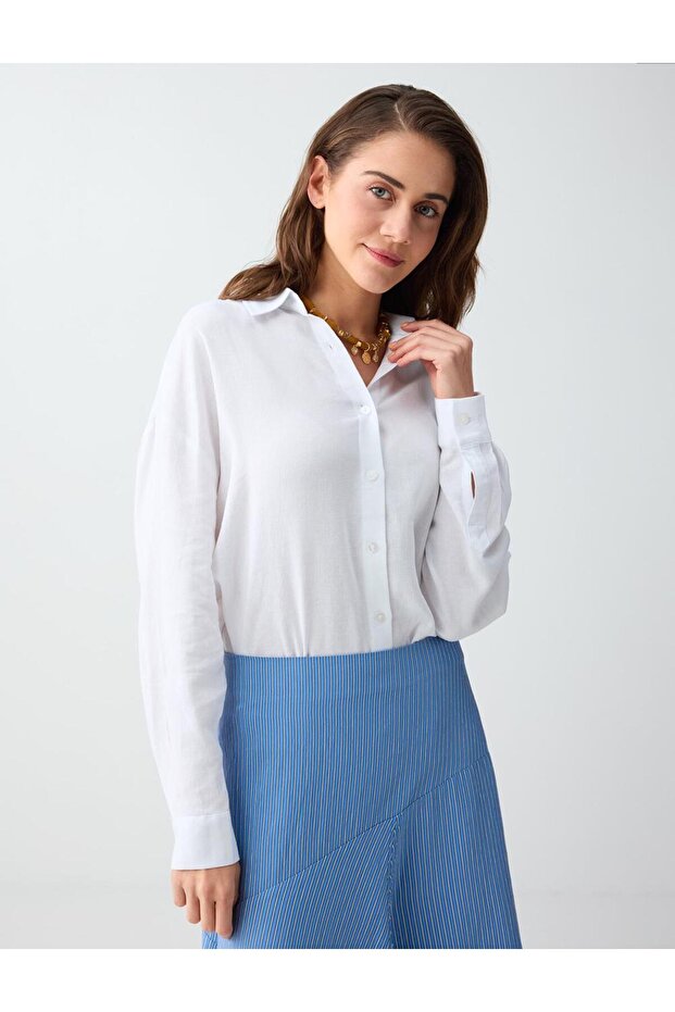 White Straight Cut Long Sleeve Linen Blended Woven Shirt