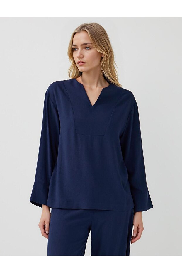Navy Blue Relaxed Fit Long Sleeve V Neck Woven Blouse