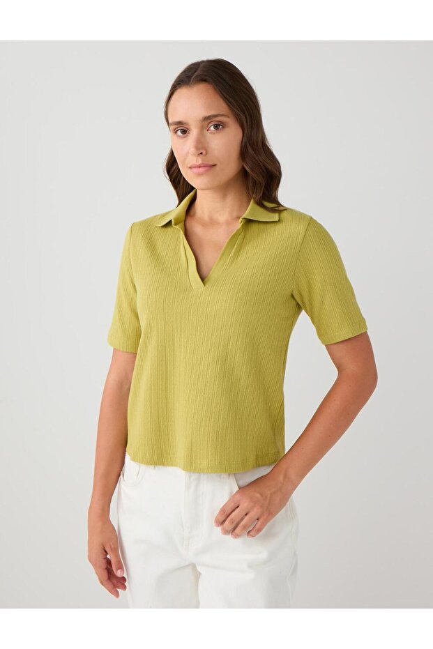 Green 100% Cotton Short Sleeve Shirt Collar Knitted Blouse