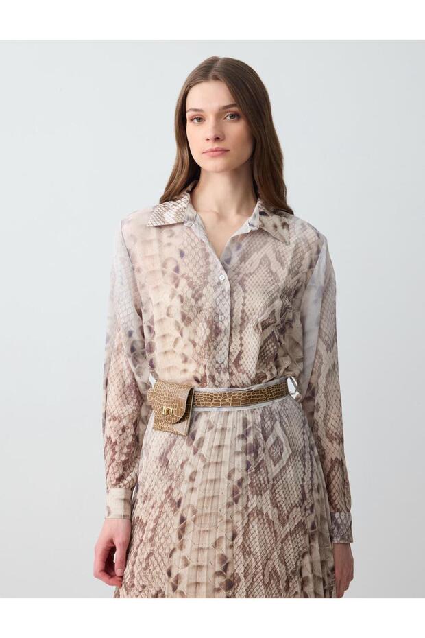 Stone Relaxed Fit Long Sleeve Patterned Chiffon Shirt