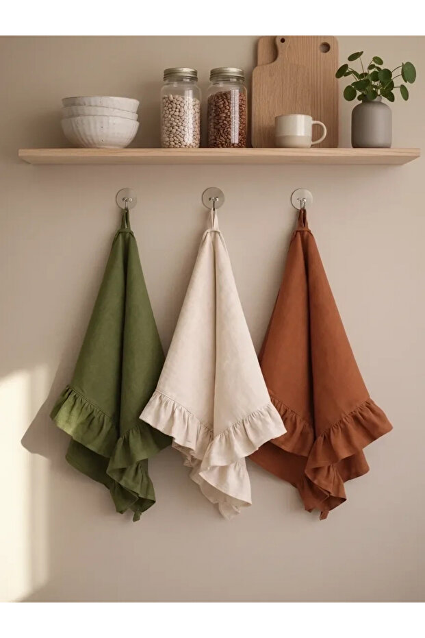 Multi-Purpose Ruffled Kitchen Towel (Decorative, Drying, Presentation) - Khaki-Cream-Cinnamon