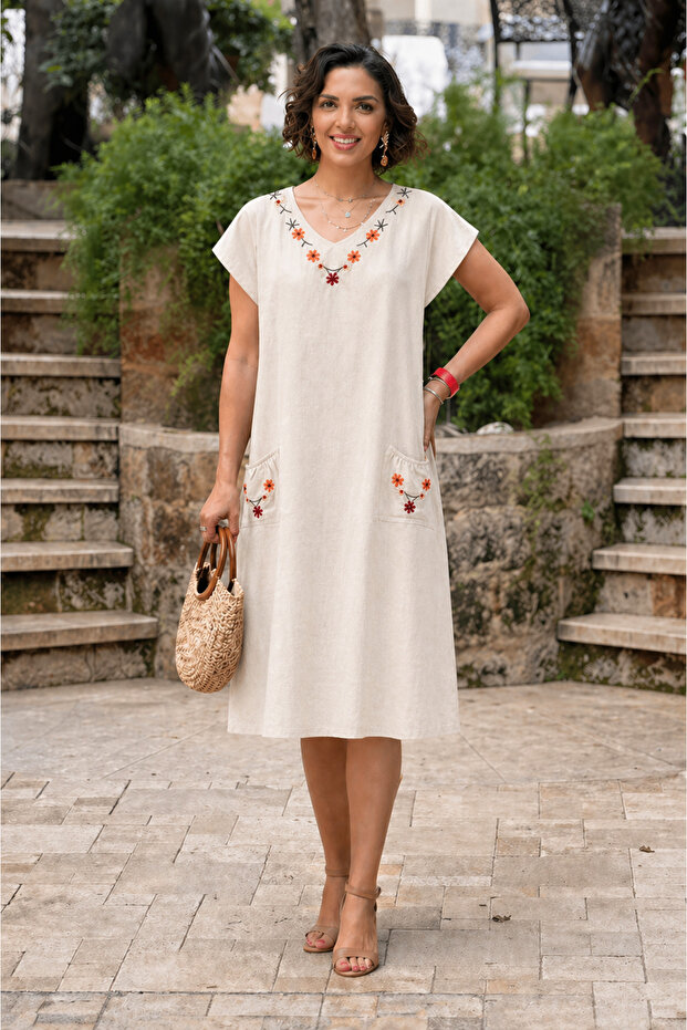 Minyon Floral Embroidered Linen Dress