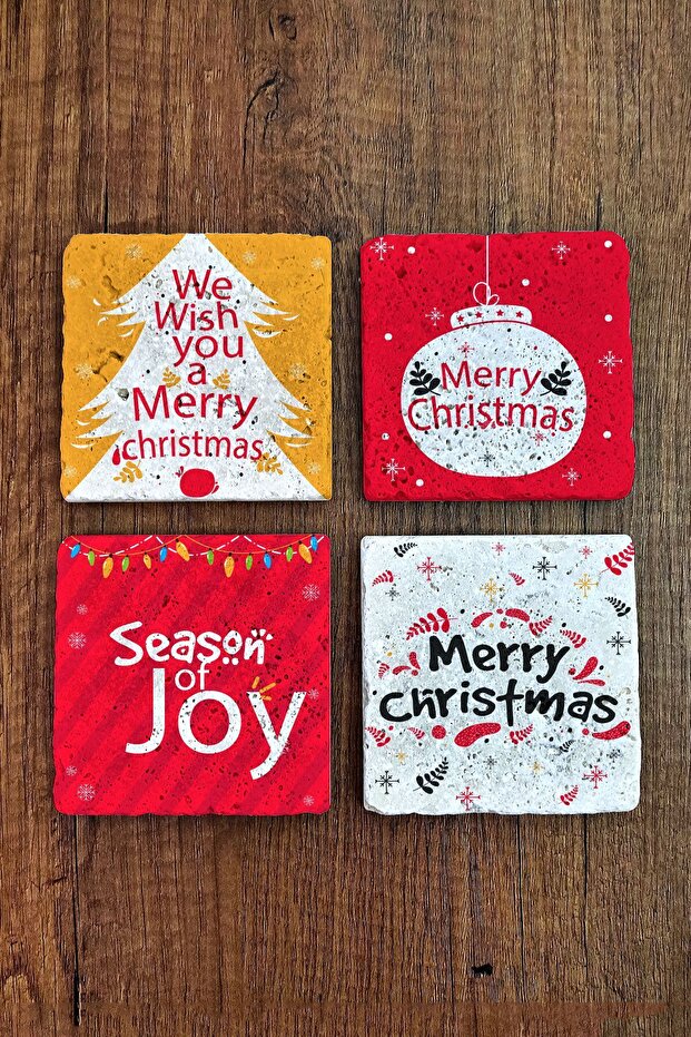 Natural Stone Coasters Set of 4 10x10x1 cm New Year, New Year, Merry Christimas-Stone Coasters