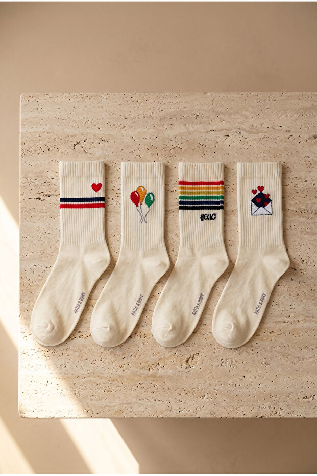 Printed pack of 4 ecru socks